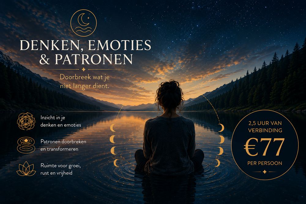 Denken, Emoties en Patronen — persoon mediteert aan een spiegelend meer onder de sterren