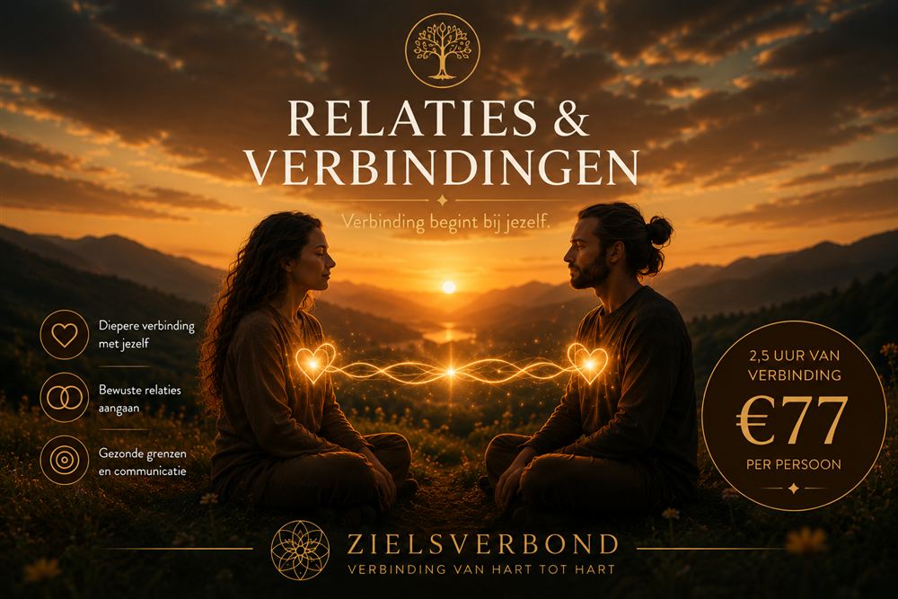 Relaties en Verbindingen — twee mensen zitten tegenover elkaar verbonden door gouden harten