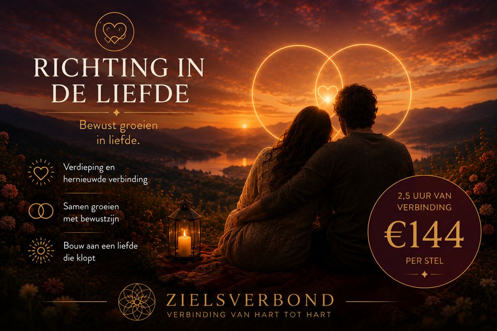Richting in de Liefde — stel zit dicht tegen elkaar bij zonsondergang met een lichtend hart